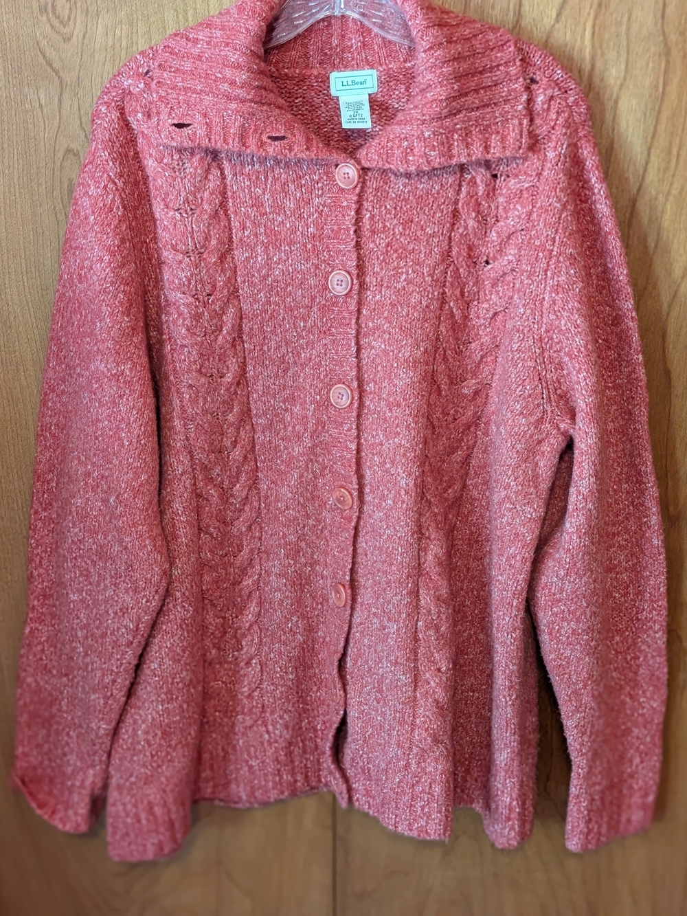 L.L. Bean Women's Coral/Red Cable-Knit Button Cardigan Sweater